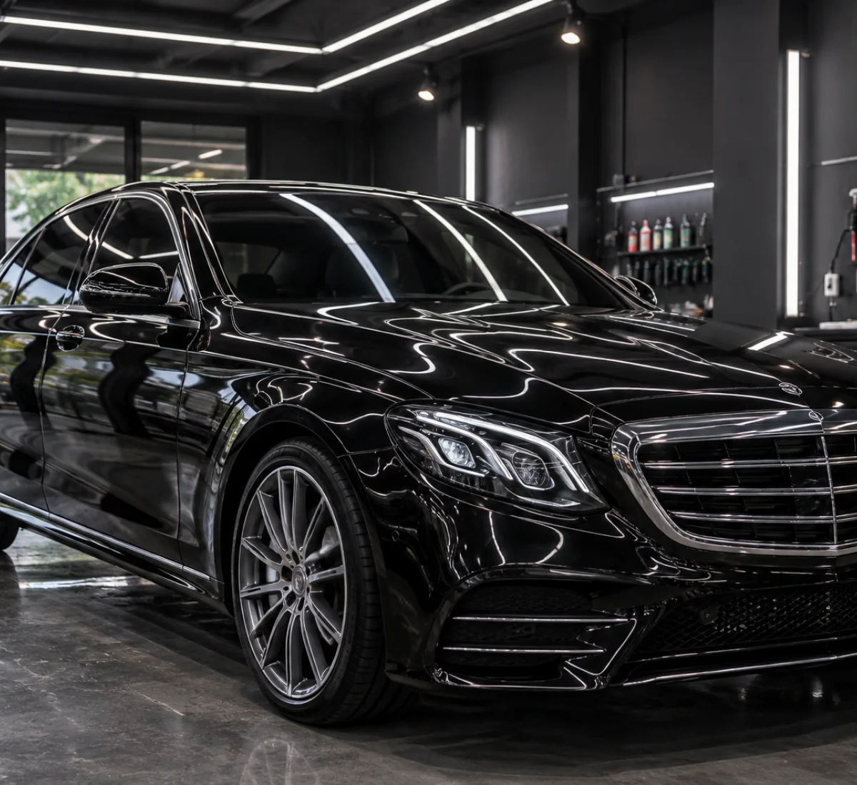 Xe sedan đen trong xưởng chăm sóc Minh Khang